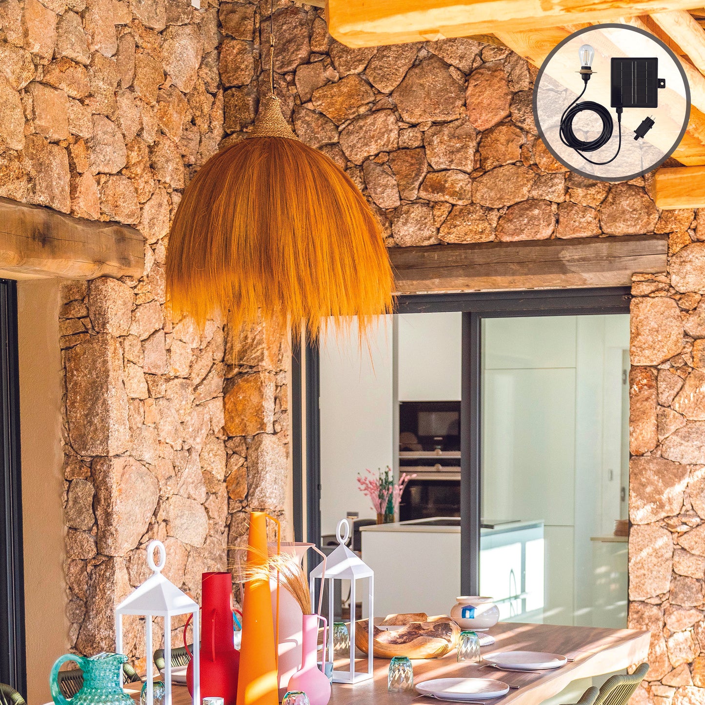 Suspension solaire XXL BIG MASAI SOLAR en herbe de rayung avec câble hybride secteur et solaire 5m de longueur