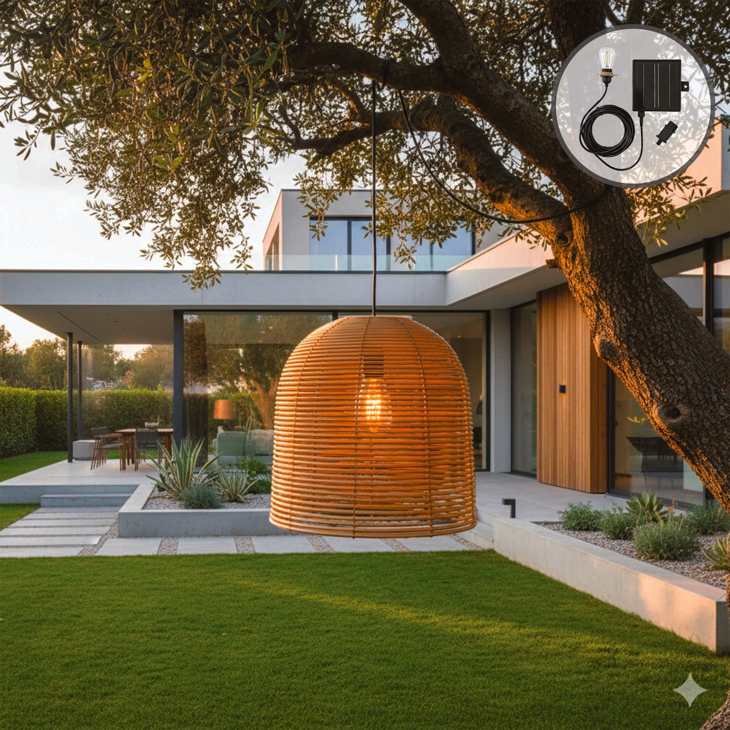 Suspension solaire HANG BOHEME SOLAR en poly rotin avec câble hybride secteur et solaire 5m de longueur