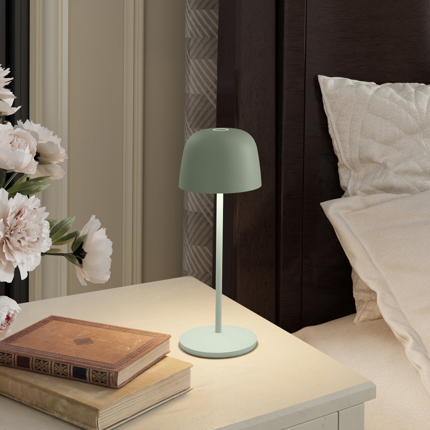 Lot de 6 Lampe de table sans fil LED blanc chaud dimmable SOPHIA OLIVE H28cm Vert Olive avec plateau de chargement
