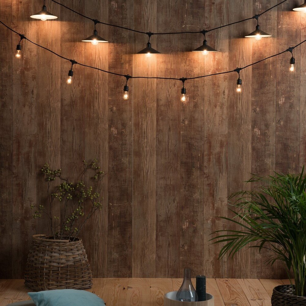 Guirlande lumineuse extérieure raccordable 10m avec 20 ampoules LED filament E27 blanc chaud VINTY LIGHT et abat-jour en métal style vintage