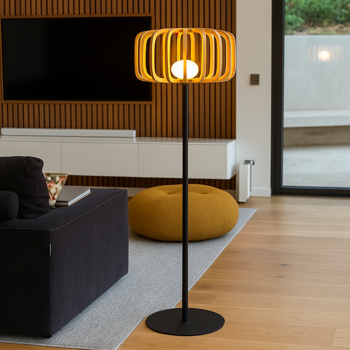 Lampadaire sans fil pied metal LED blanc et multicolore dimmable STANDY BAMBOU en bambou naturel H150cm avec télécommande