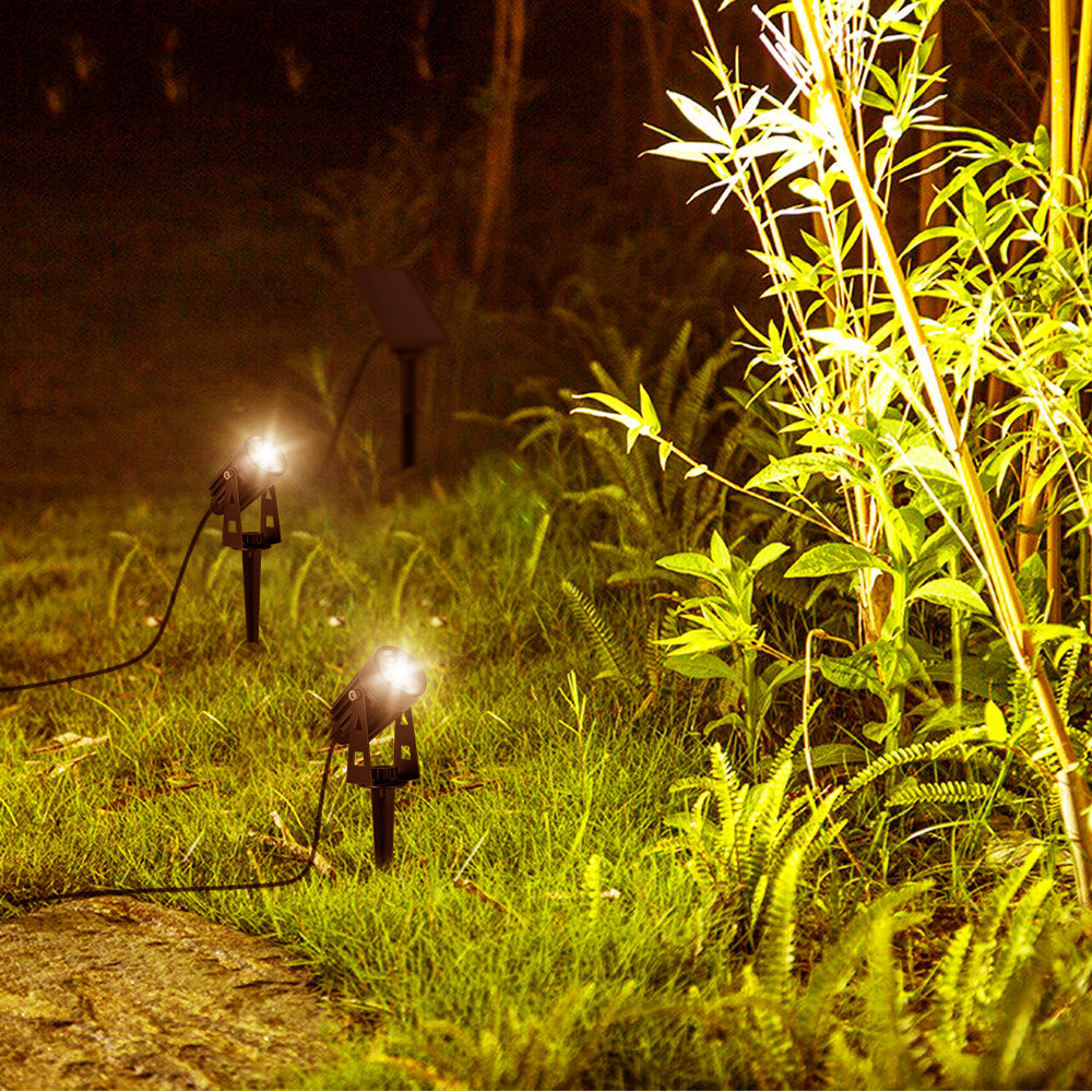Lot de 4 Spots Solaires avec Panneau Solaire Déporté ROUNDY - Éclairage LED Puissant Blanc Chaud, 4 en 1 à Piquer ou à Fixer, Idéal pour Jardin, Terrasse et Allée (H27 cm)