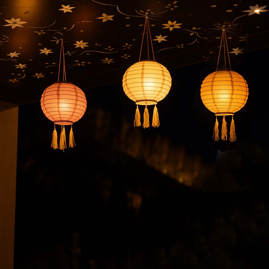 Lot de 3 lampion solaire lanterne chinoise 3 couleurs rose crème et orange LED blanc chaud SHANGRI LA ∅20cm