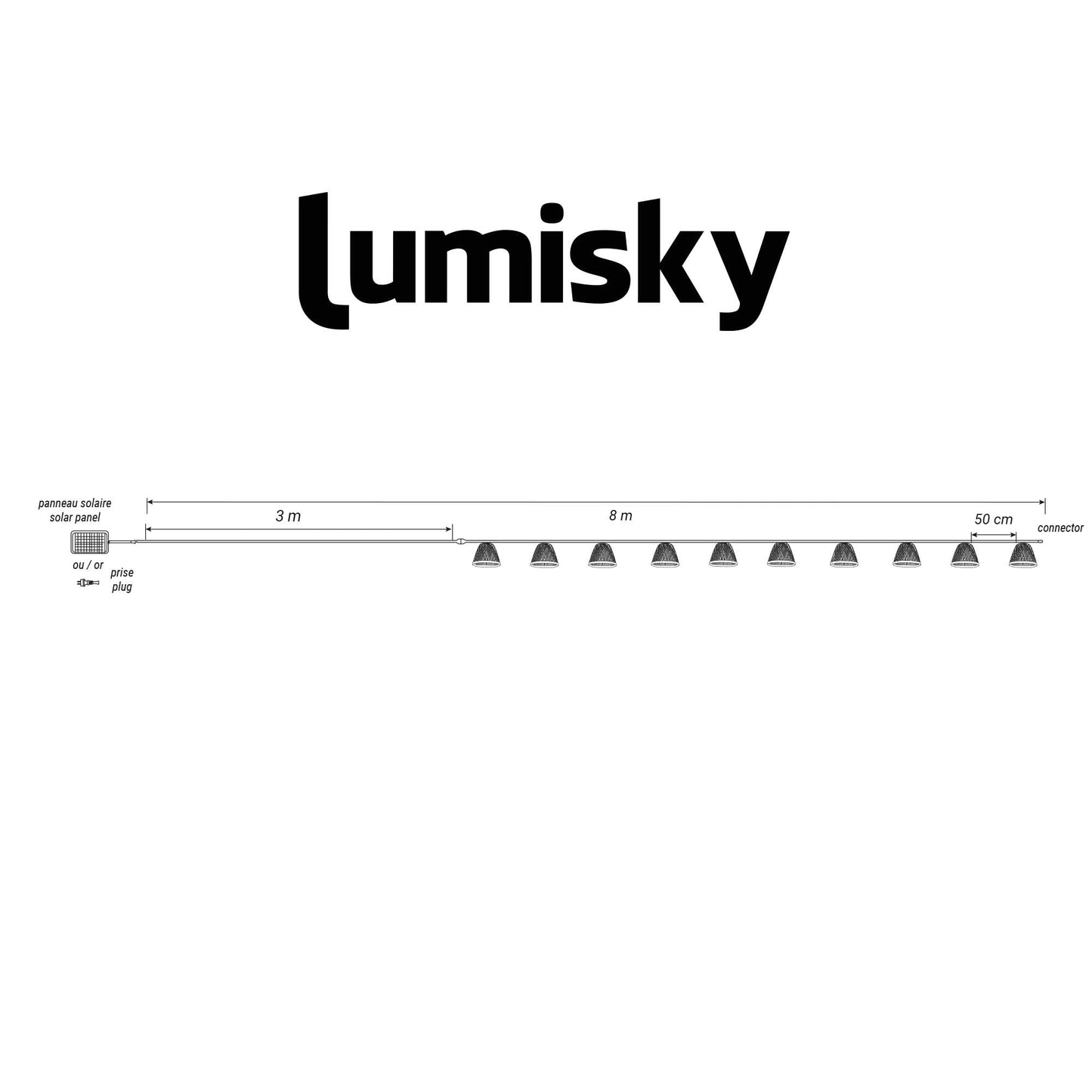 Guirlande lumineuses solaire et sur secteur raccordable en corde 20 ampoules transparentes LED blanc chaud dimmable MALY LIGHT HYBRID 13m