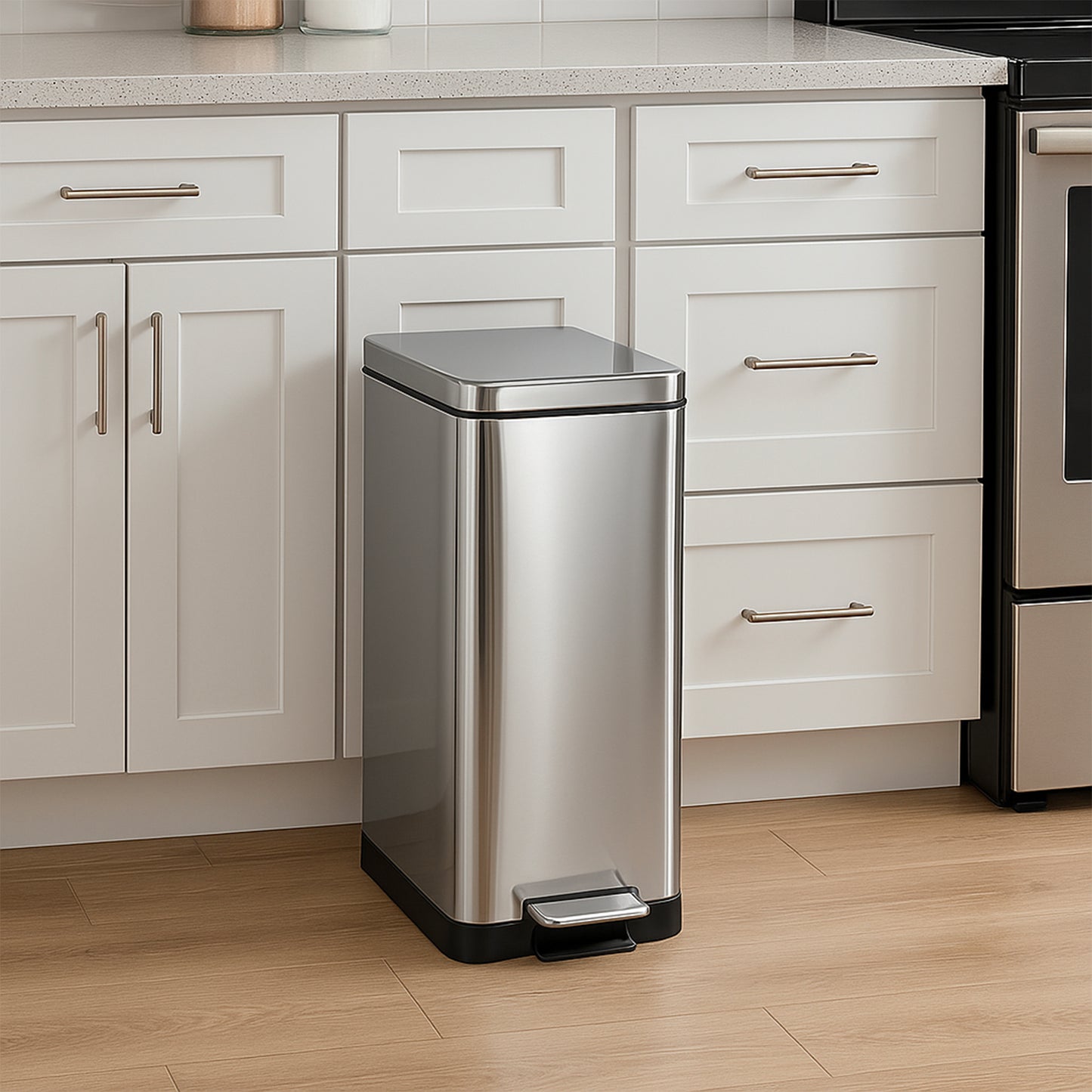 Poubelle de cuisine à pédale tri sélectif recyclage 50L(30L+20L) EDGE en acier Inox brossé avec seau