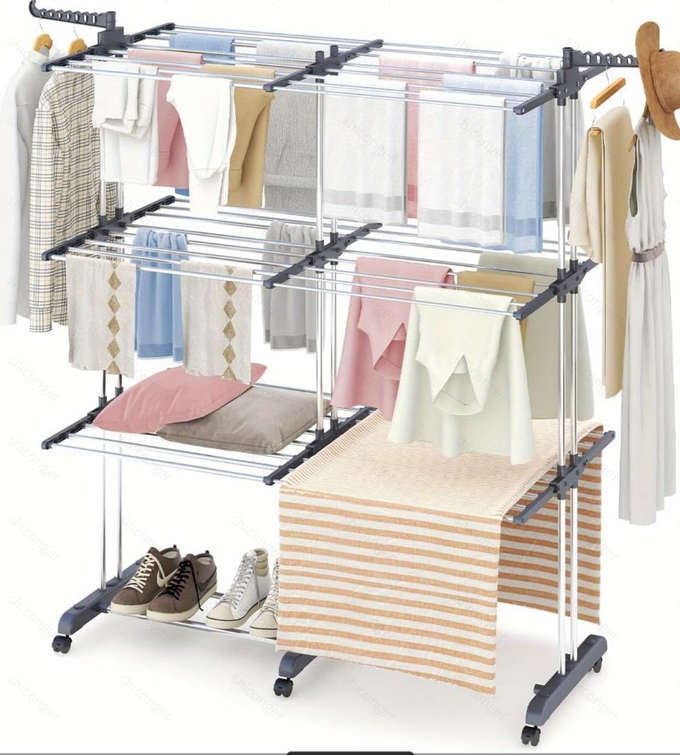 Séchoir à linge extensible étendoir multifonction 38M EXTRA PLUS avec 3 niveaux + barre télescopique Noir et Inox