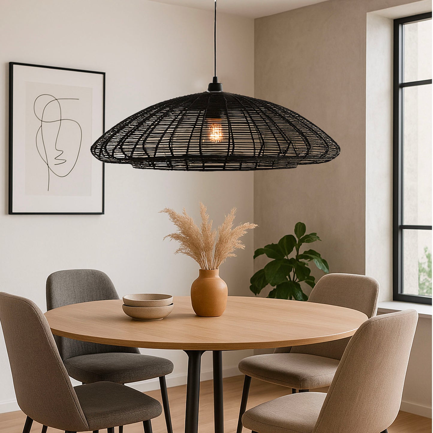 Suspension ALBA BLACK en corde naturelle avec monture électrique E27 80cm diamètre