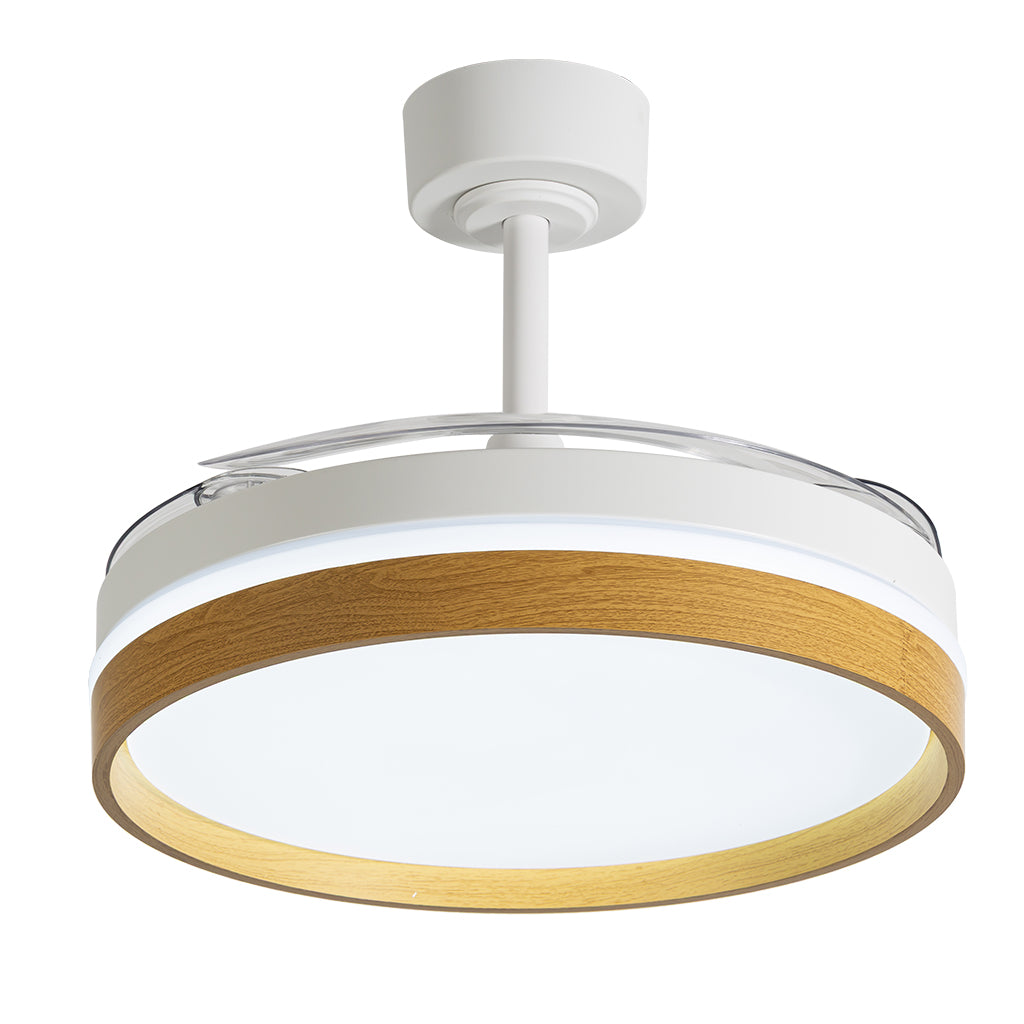 Ventilateur de Plafond CALYSA 106cm avec Pales Escamotables et LED 33W Grand Ventilateur Silencieux 34dB pour Salon et Chambre Moteur DC 30W Basse Consommation Réversible Été Hiver avec Télécommande Plafonnier 3500 Lumens Blanc et Bois