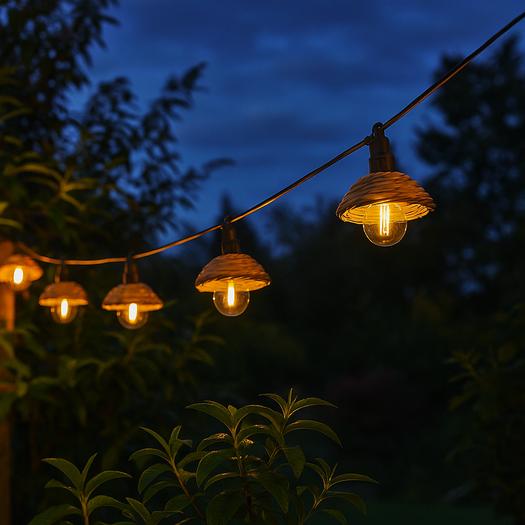 Guirlande lumineuse extérieur 10 globes transparents abat jour en polyrotin LED blanc chaud COTTAGE 5.70m