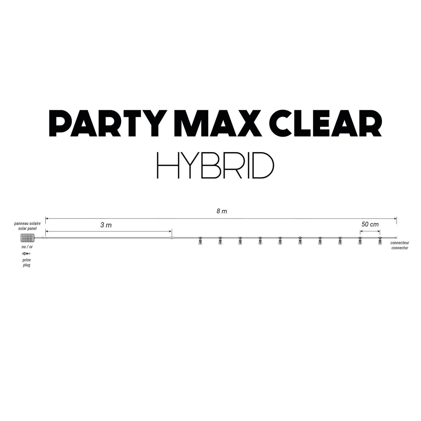 Guirlande lumineuse extérieur beige 10 globes transparents raccordable LED blanc chaud PARTY MAX CLEAR HYBRID CREAM 8m solaire et sur secteur
