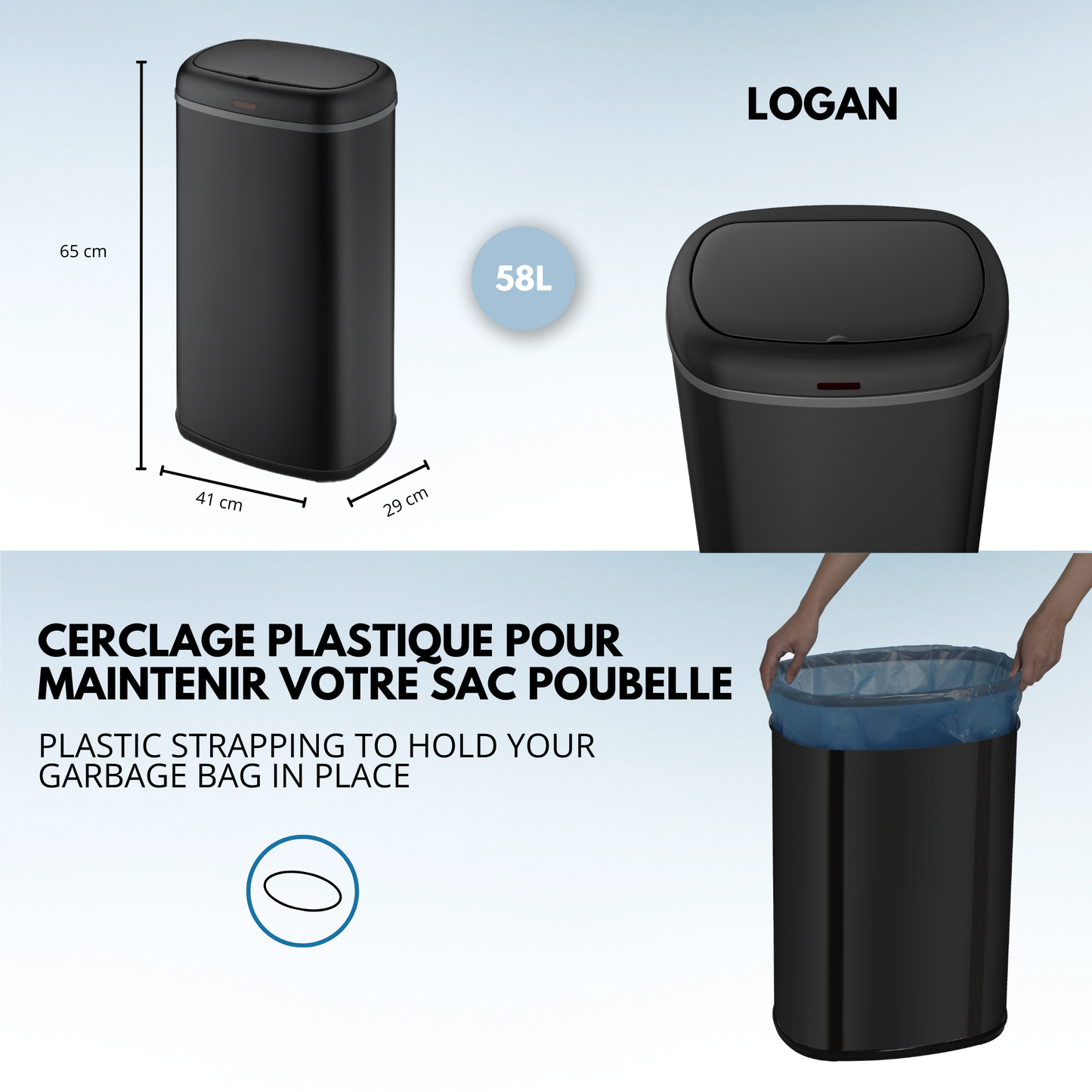 Poubelle cuisine automatique 58L LOGAN en acier INOX Noir Mat