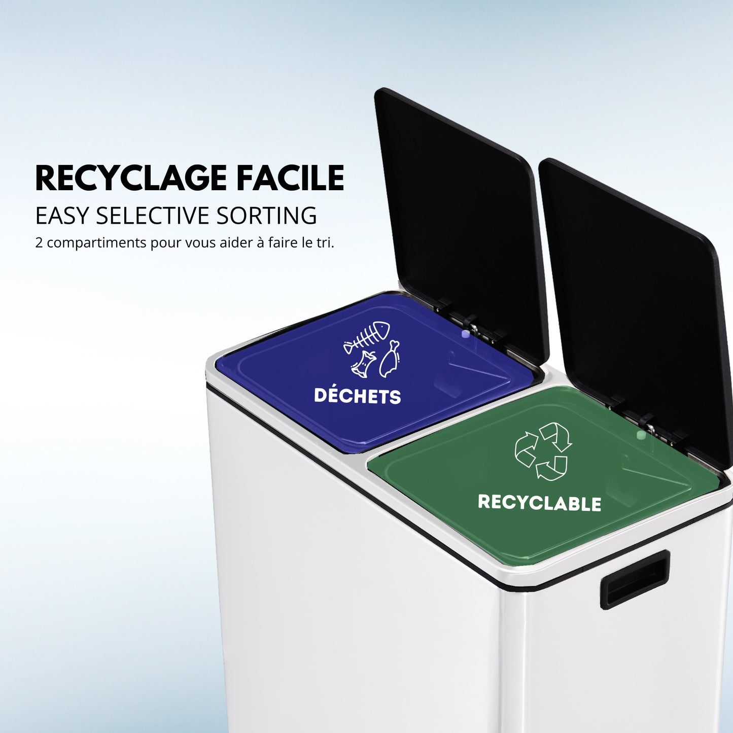 Poubelle de cuisine à pédale tri sélectif grande capacité 60L (2x30L) MAJOR en acier Inox Blanc