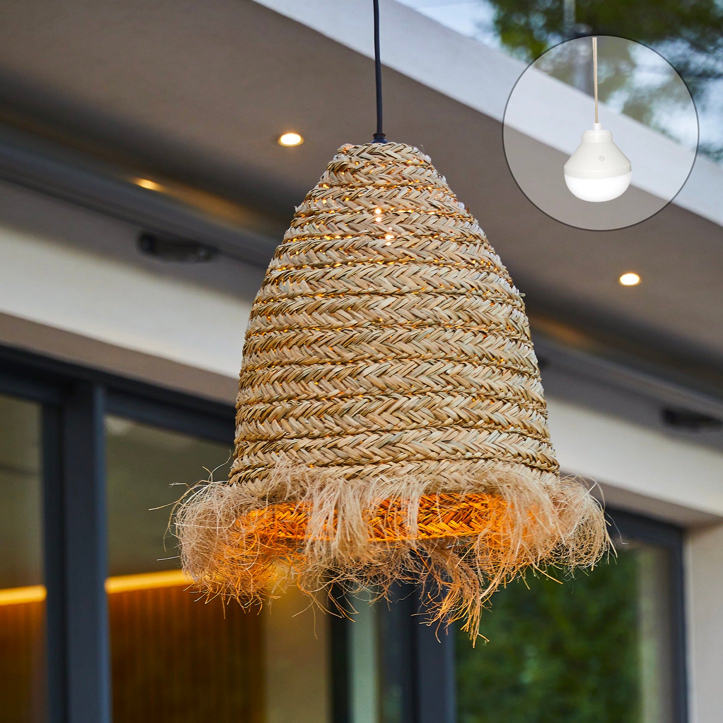 Suspension ANAFI NOMAD en jonc de mer naturel style bohème avec ampoule LED nomade