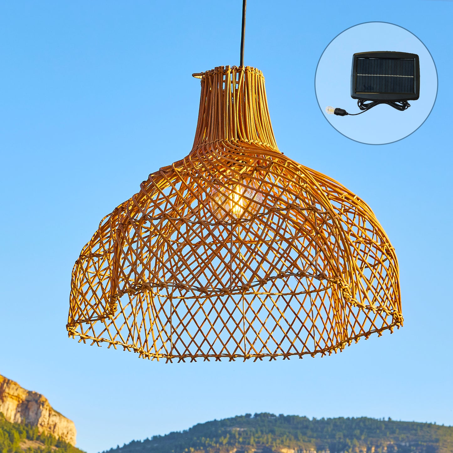 Suspension solaire bohème en rotin naturel style vannerie tressée LED blanc chaud ARIA SOLAR