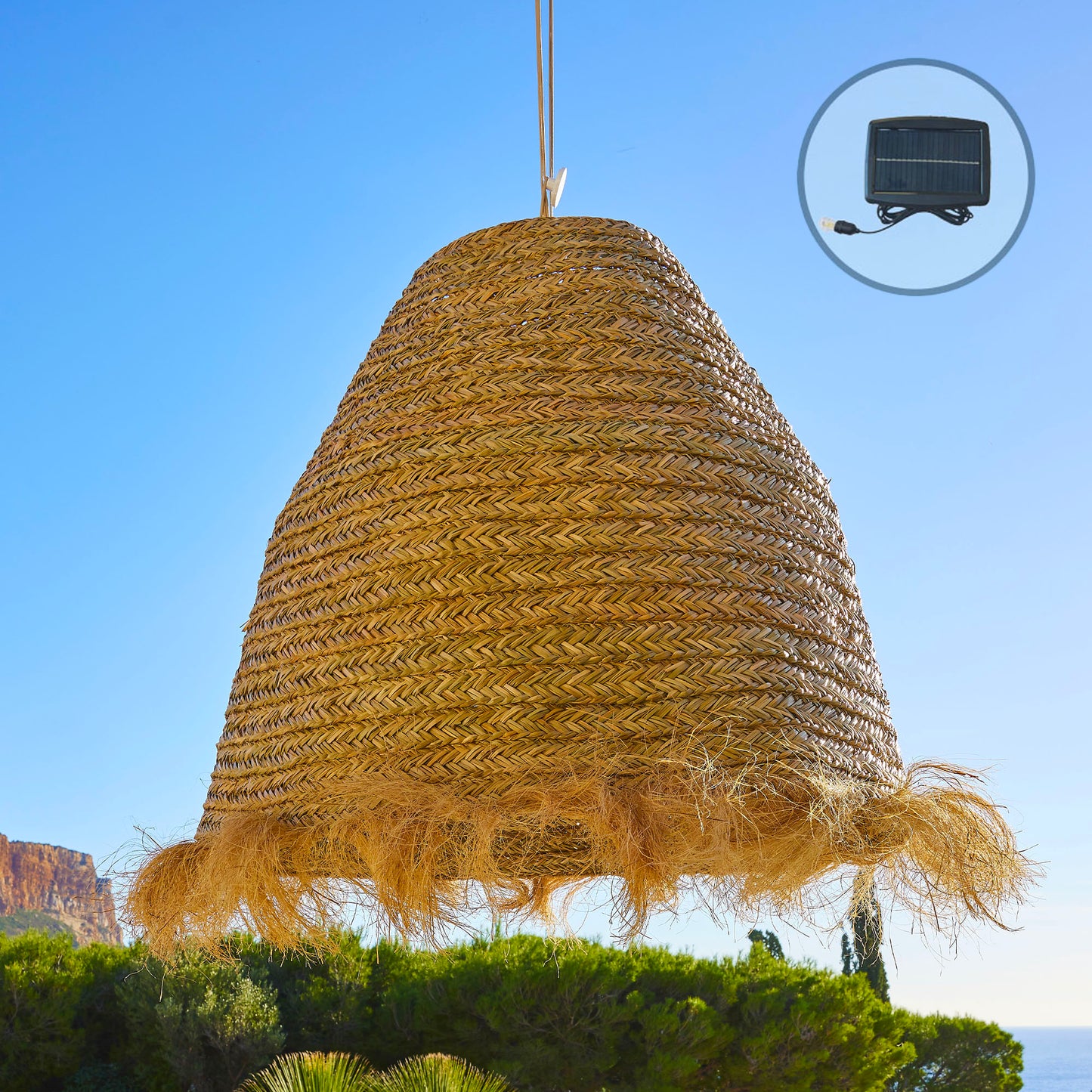 Suspension solaire XXL BIG ANAFI SOLAR en jonc de mer avec câble hybride secteur et solaire 5m de longueur