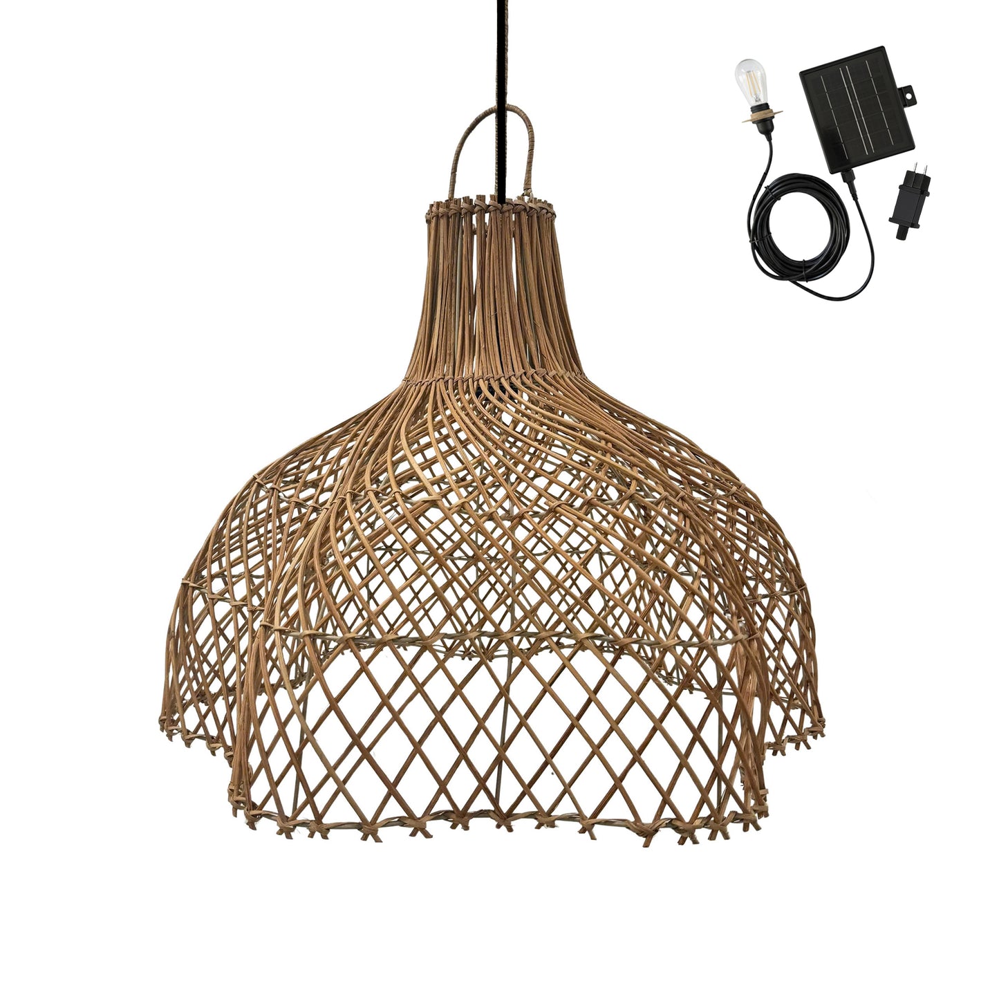 Suspension solaire bohème en rotin naturel style vannerie tressée LED blanc chaud ARIA SOLAR