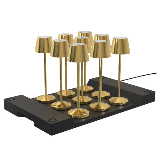 Lot de 9 lampes de table sans fil LED blanc chaud dimmable EMILY GOLD H20cm avec plateau de chargement