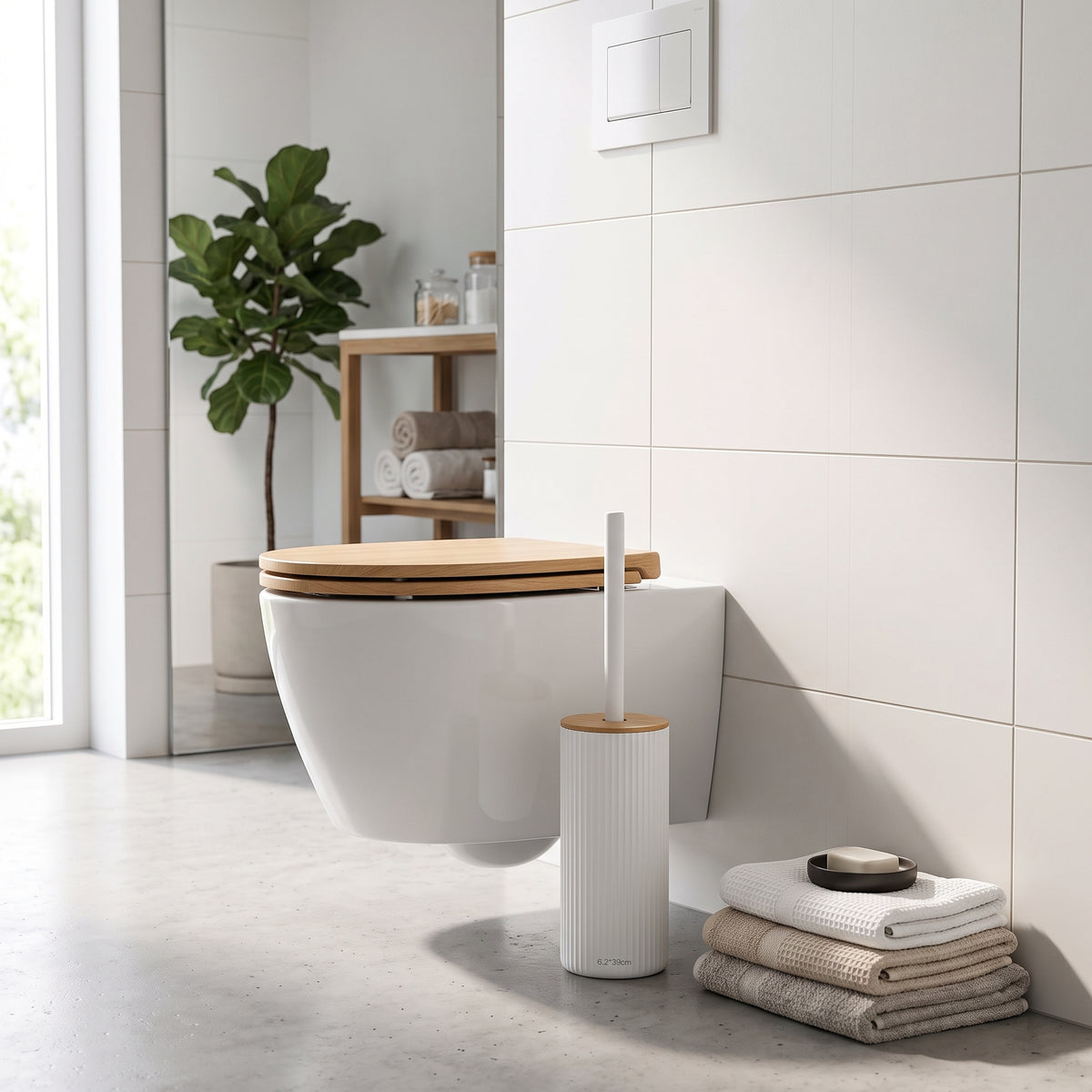 Brosse WC avec Support en Plastique Strié Blanc et Couvercle en Bambou LUND — Balayette de Toilette Ergonomique et Hygiénique, Design Scandinave Moderne pour Salle de Bain