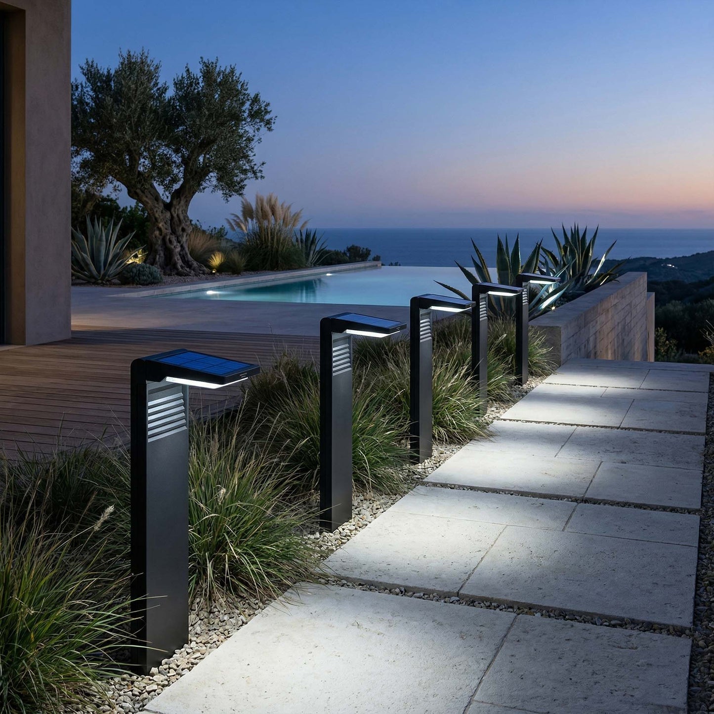 Lot de 4 balises solaires à planter LED blanc froid OSTRY H41cm Lumière Extérieur, Eclairage Solaire pour Jardin Chemin