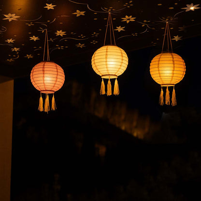 Lot de 3 lampion solaire lanterne chinoise 3 couleurs rose crème et orange LED blanc chaud SHANGRI LA ∅20cm