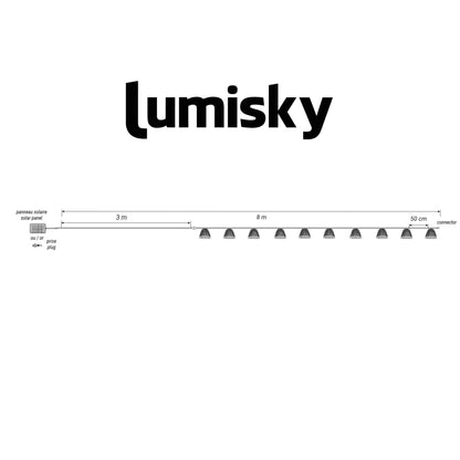 Guirlande lumineuses solaire et sur secteur raccordable en corde 20 ampoules transparentes LED blanc chaud dimmable MALY LIGHT HYBRID 13m