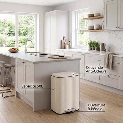 Poubelle de Cuisine à Pédale 50L LINE — Grand Bac à Déchets Rectangulaire Strié en Acier Inoxydable avec Couvercle Soft-Close Anti-Odeurs, Crème Mat