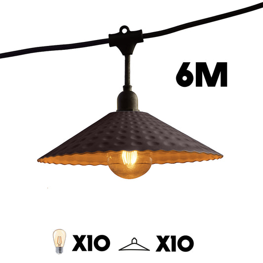 Guirlande lumineuse extérieure 6m avec 10 ampoules LED filament E27 blanc chaud VINTY LIGHT et abat-jour en métal style vintage