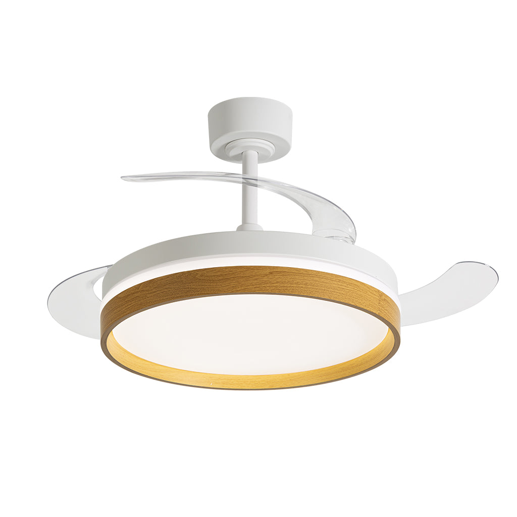 Ventilateur de Plafond CALYSA 106cm avec Pales Escamotables et LED 33W Grand Ventilateur Silencieux 34dB pour Salon et Chambre Moteur DC 30W Basse Consommation Réversible Été Hiver avec Télécommande Plafonnier 3500 Lumens Blanc et Bois