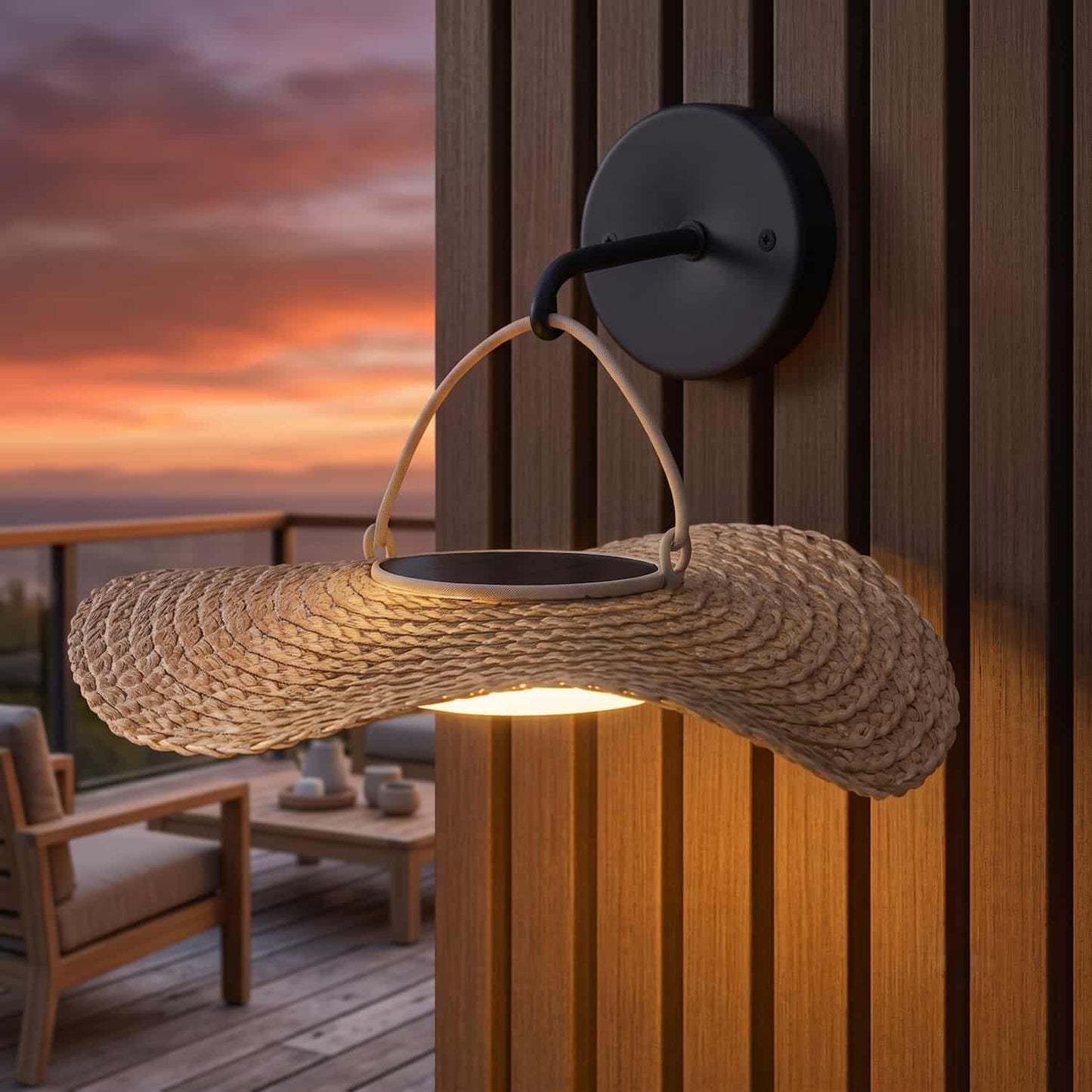 Applique murale sans fil solaire LED SUNNY SMALL ROUND en herbe marine style bohème CORALIA H15cm