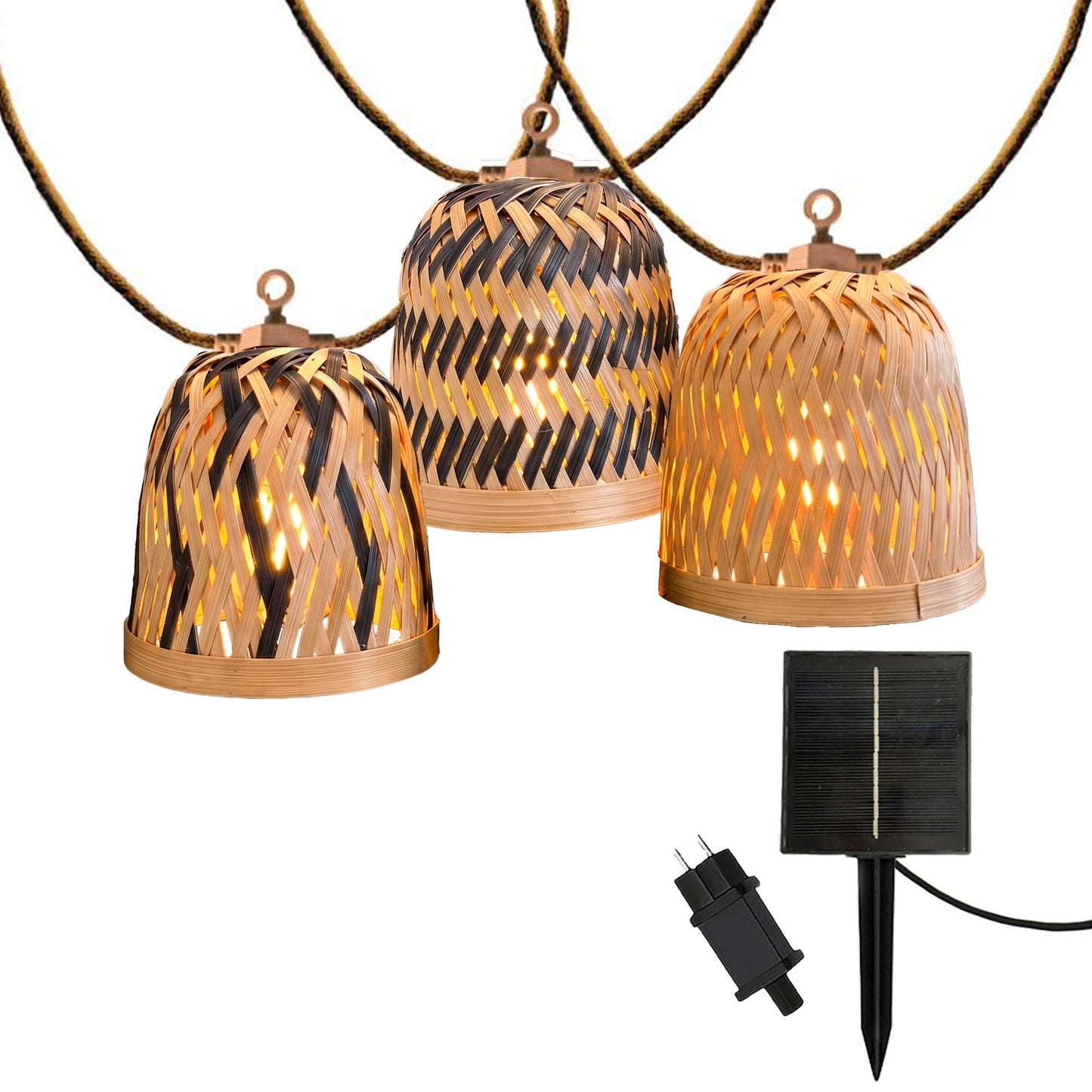 Guirlande lumineuse extérieur raccordable 10 abat-jour naturels en bambou LINA LIGHT HYBRID LED blanc chaud 8m solaire et sur secteur