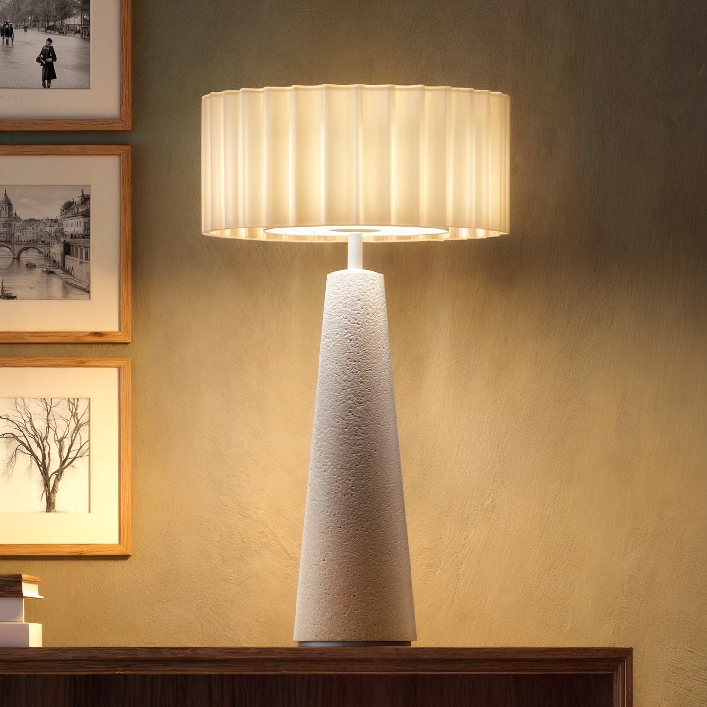 Lampe de table sans fil en ciment abat-jour ondulé LED blanc chaud dimmable BLOK CEMENT  H30cm