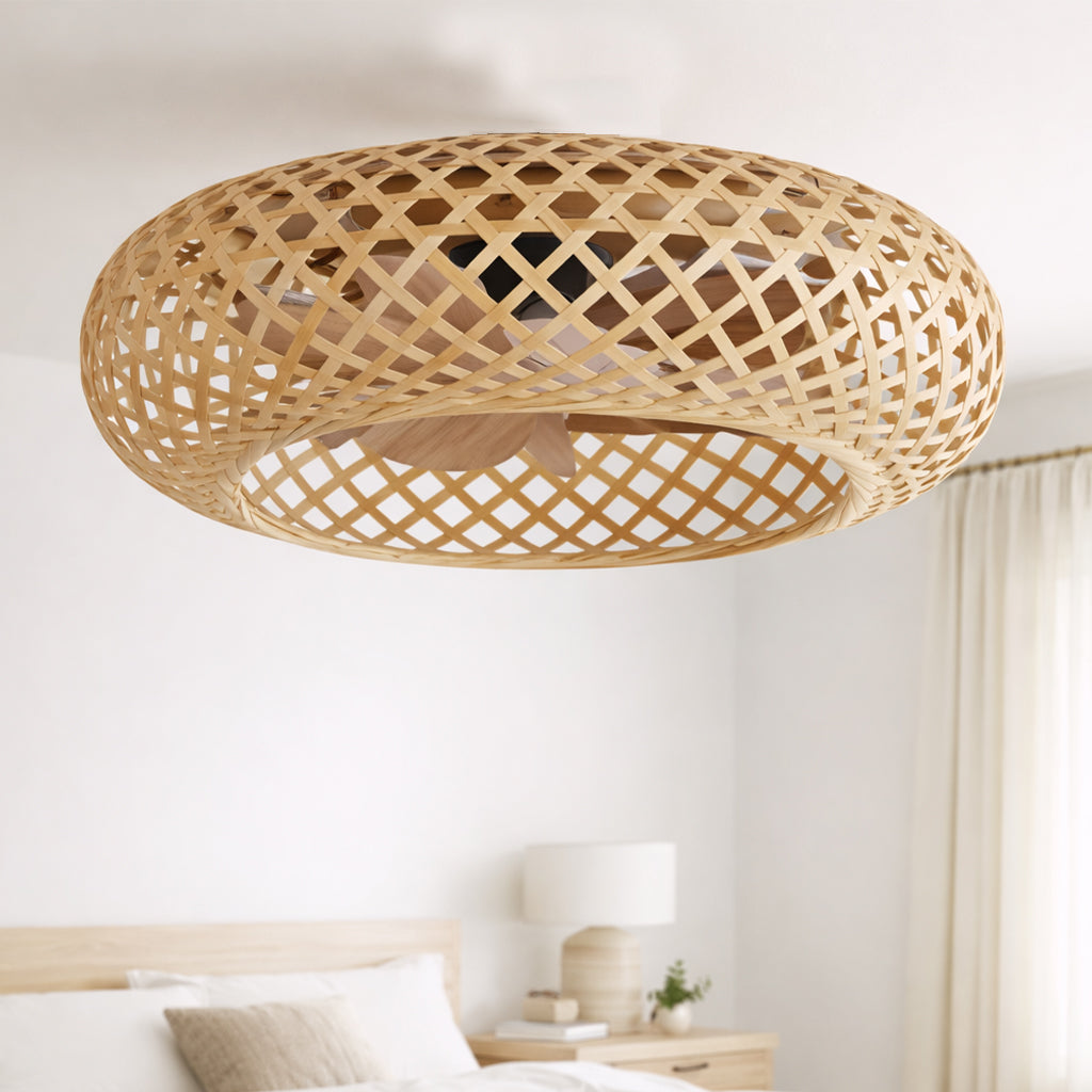 Ventilateur de Plafond SOLVIA 48cm Design Rotin Tressé Bohème avec 3 Douilles E27 Petit Ventilateur Ultrasilencieux 30dB pour Chambre et Salon Moteur DC 15W Basse Consommation Réversible Été Hiver avec Télécommande Plafonnier Naturel Wicker Weaving