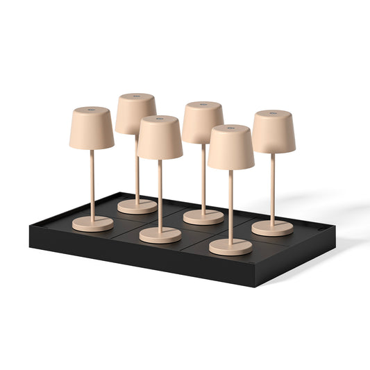Lot de 6 mini lampes de table touch sans fil en aluminium LED KELLY MINI SAND blanc dimmable H22cm avec plateau de chargement