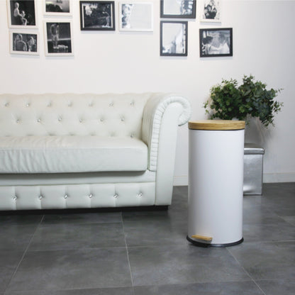 Poubelle bois de cuisine à pédale 30L Naturel FOREST Blanc en acier Inox couvercle en bambou avec seau - REDDECO.com