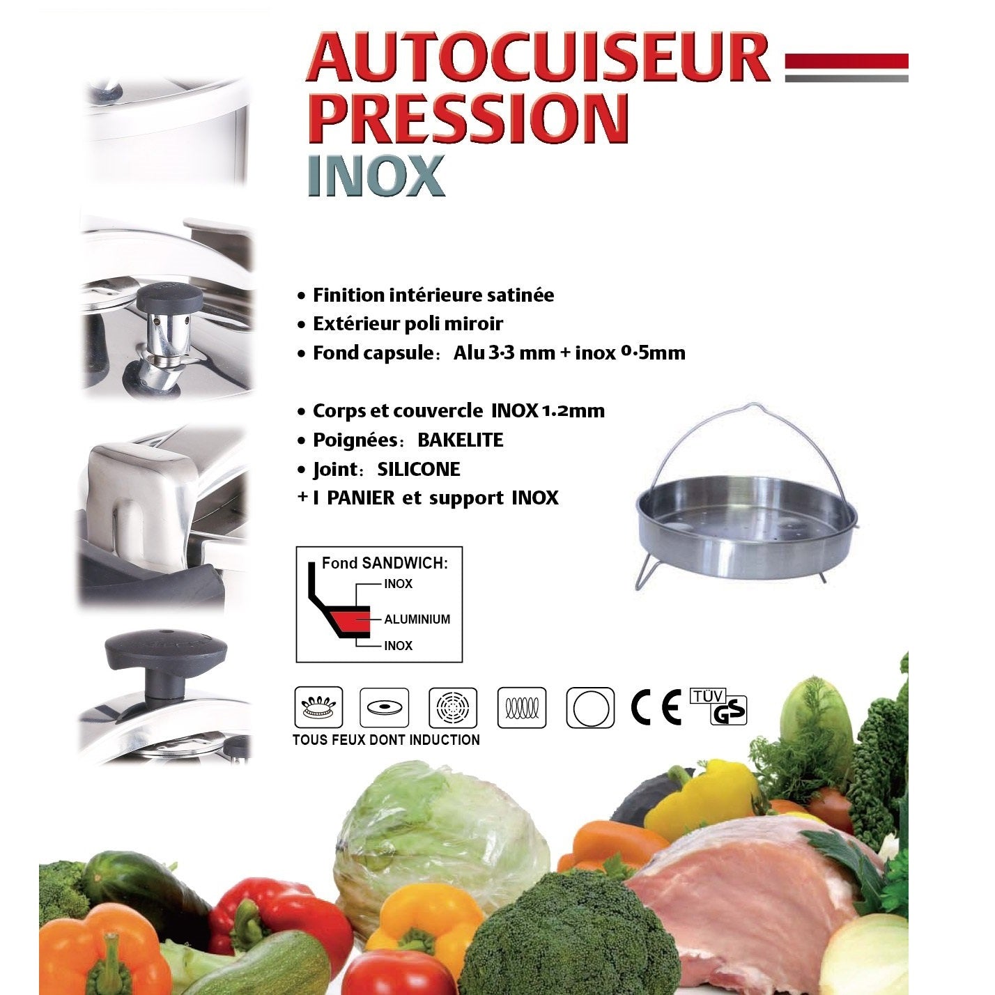 Autocuiseur cocotte minute à étrier Ø24cm 8L CLASSIQUE en acier Inox avec panier cuisson - REDDECO.com