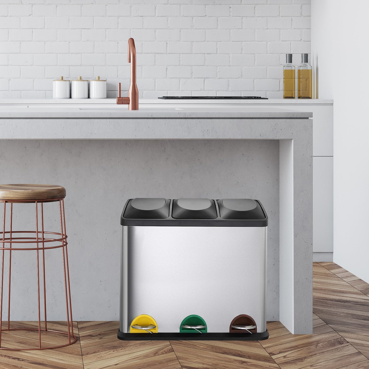 Poubelle de cuisine à pédale tri sélectif 45L (3x15L) ZOE en acier Inox avec seau - REDDECO.com