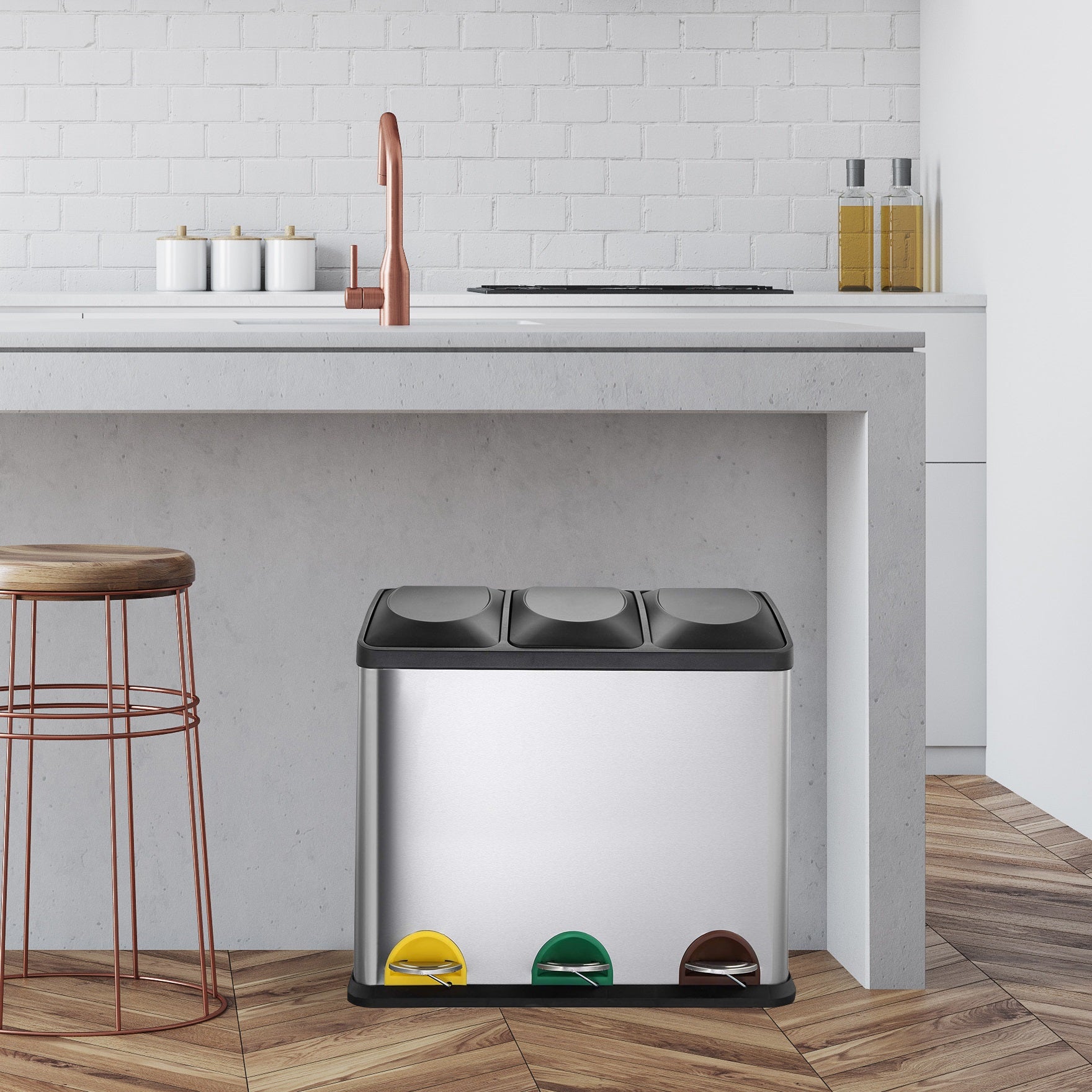 Poubelle de cuisine à pédale tri sélectif 45L (3x15L) ZOE en acier Inox avec seau - REDDECO.com