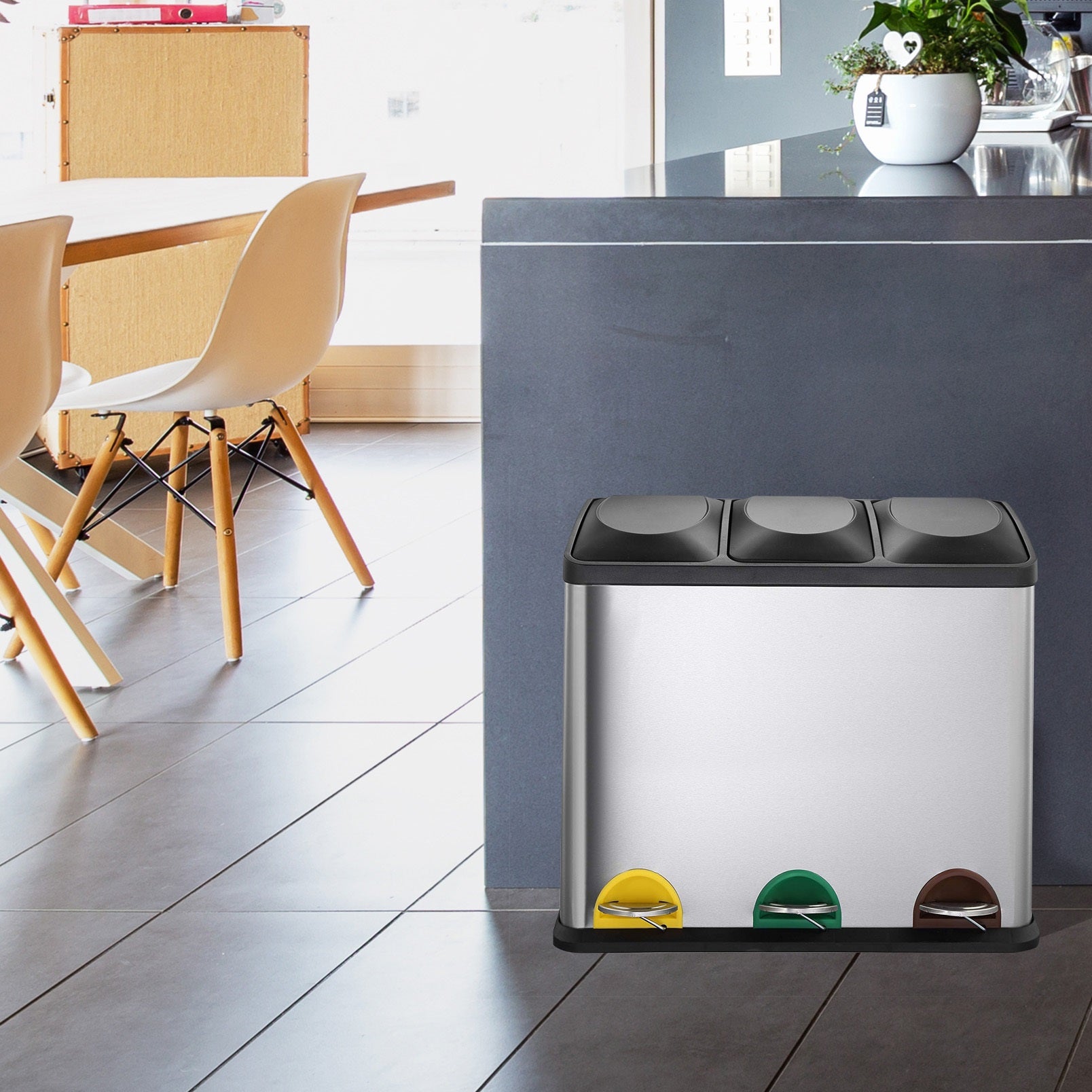 Poubelle de cuisine à pédale tri sélectif 45L (3x15L) ZOE en acier Inox avec seau - REDDECO.com