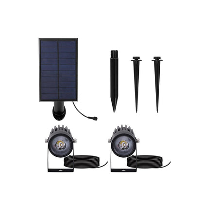 Doubles spots solaires reliés avec panneau solaire déporté 2 en 1 à piquer ou à fixer éclairage puissant LED blanc froid 2x ROUNDY H27 cm