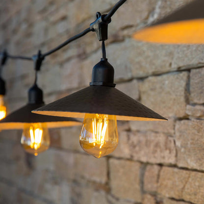 Guirlande lumineuse extérieure raccordable 62m avec 150 ampoules LED filament E27 blanc chaud VINTY LIGHT et abat-jour en métal style vintage