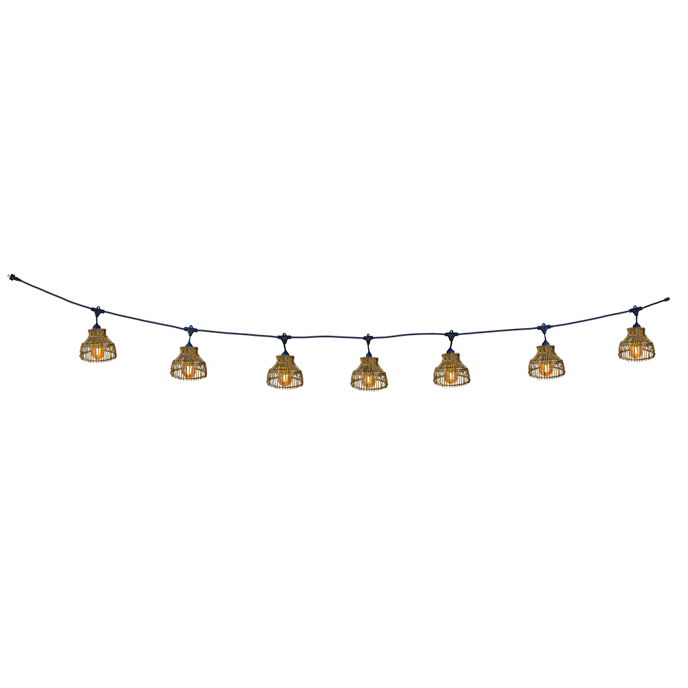 Guirlande lumineuse raccordable d'extérieur avec abat-jour en rotin naturel style bohème 7 ampoules à filament douille E27 LED blanc chaud AMELIA LIGHT CONNECTABLE 6m